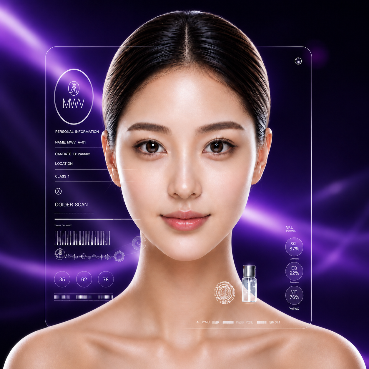 Viora 肌膚檢測視覺,呈現透明膚況分析介面與女性臉部特寫